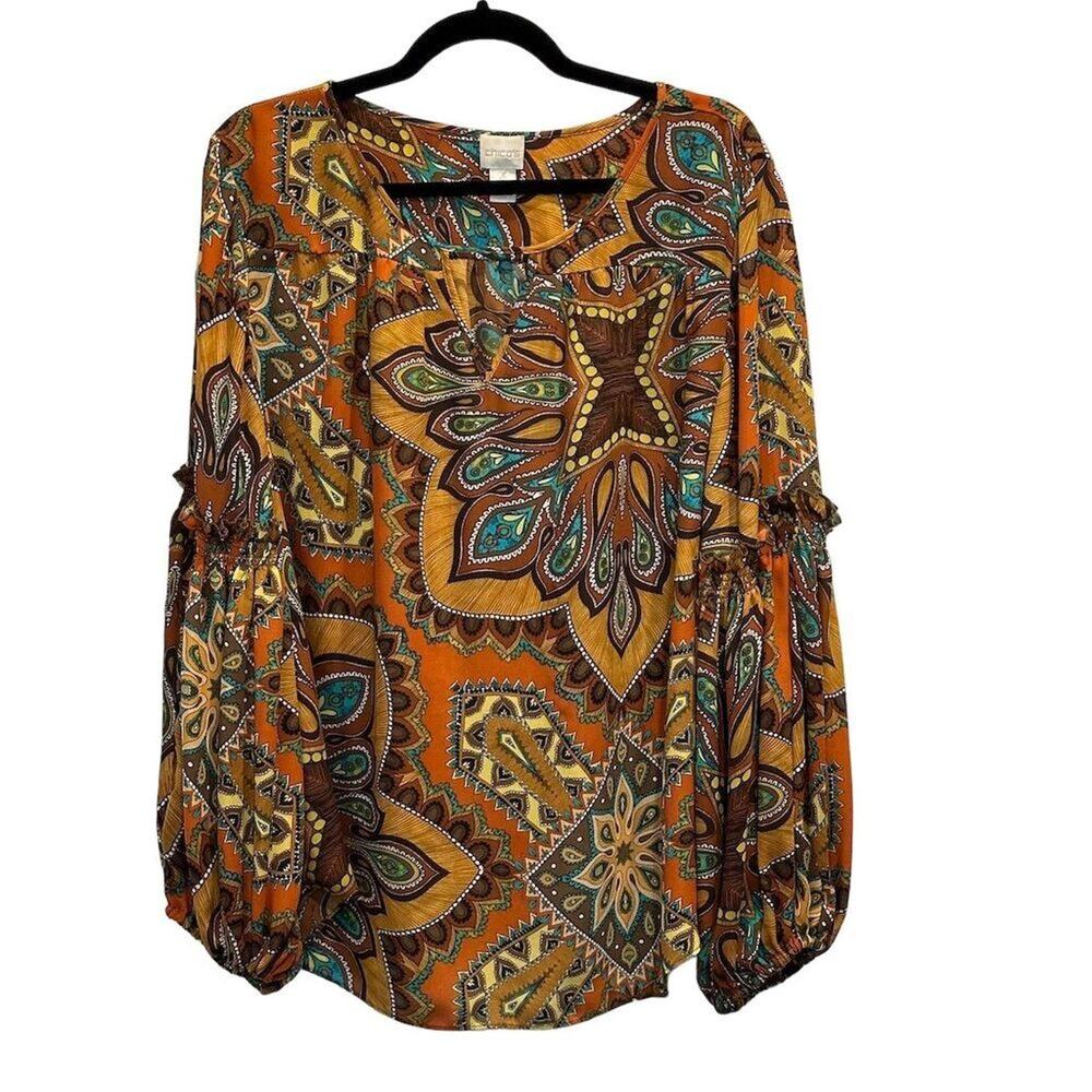 Chico's Women's  size 3 Geometric Peasant Blouse Multicolor Long Sleeve‎ - Picture 2 of 12